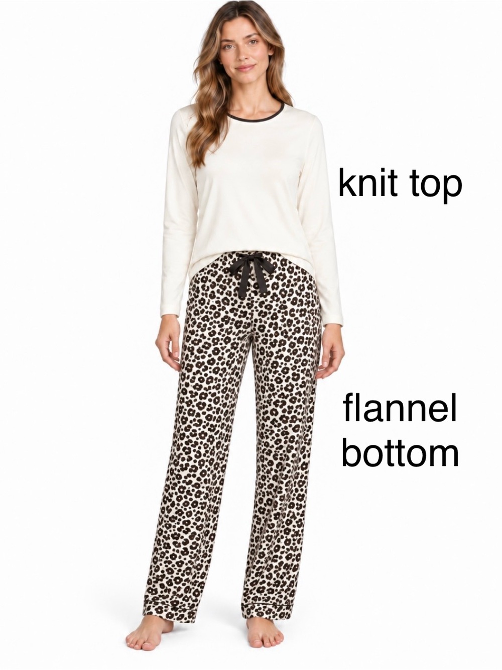 🔥LandsEnd WOMENS PJ SET Knit Tee Shirt Top/Cotton Flannel Pants Leopard Print
